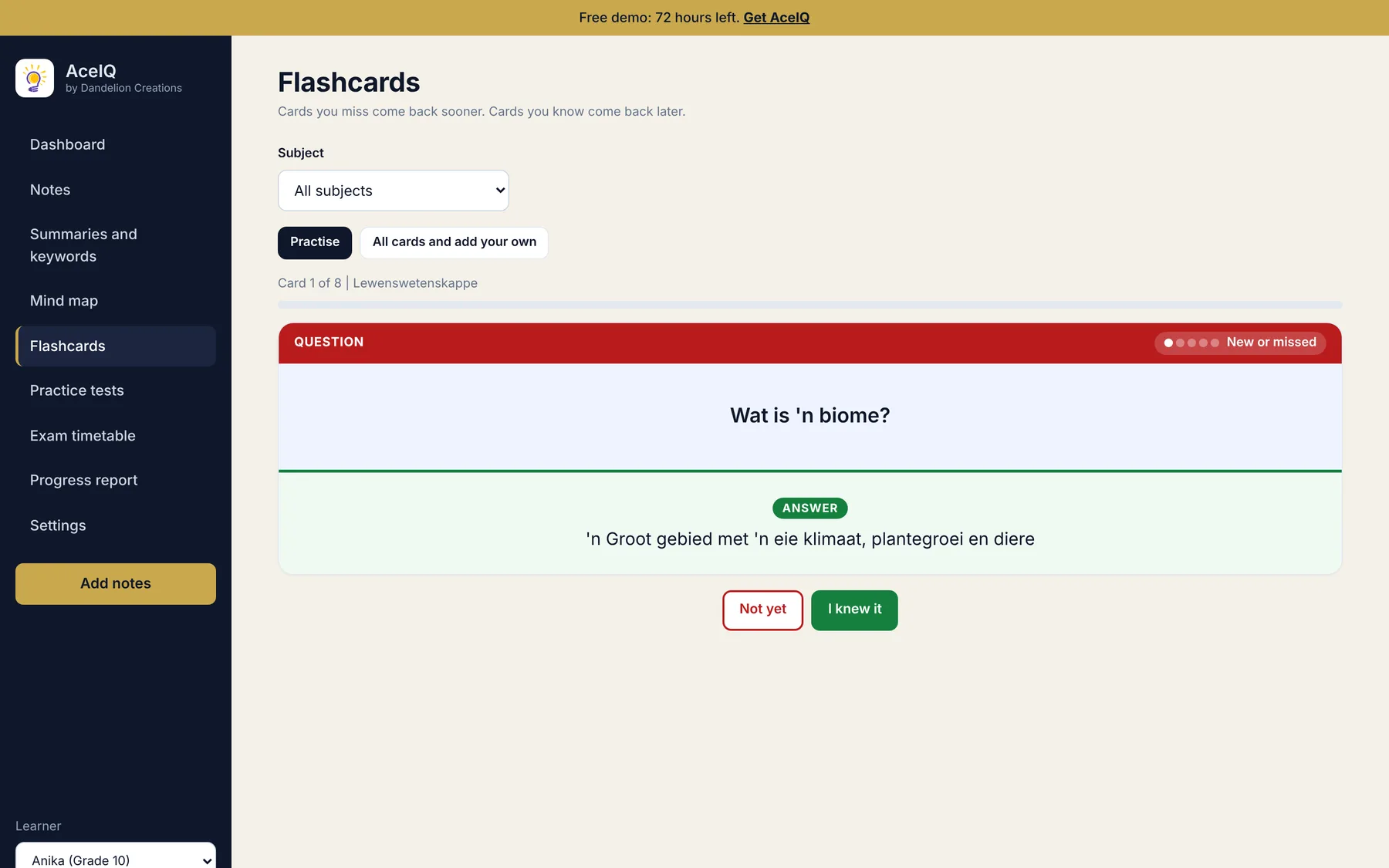 AceIQ flashcard with the question, the answer and buttons for Not yet and I knew it