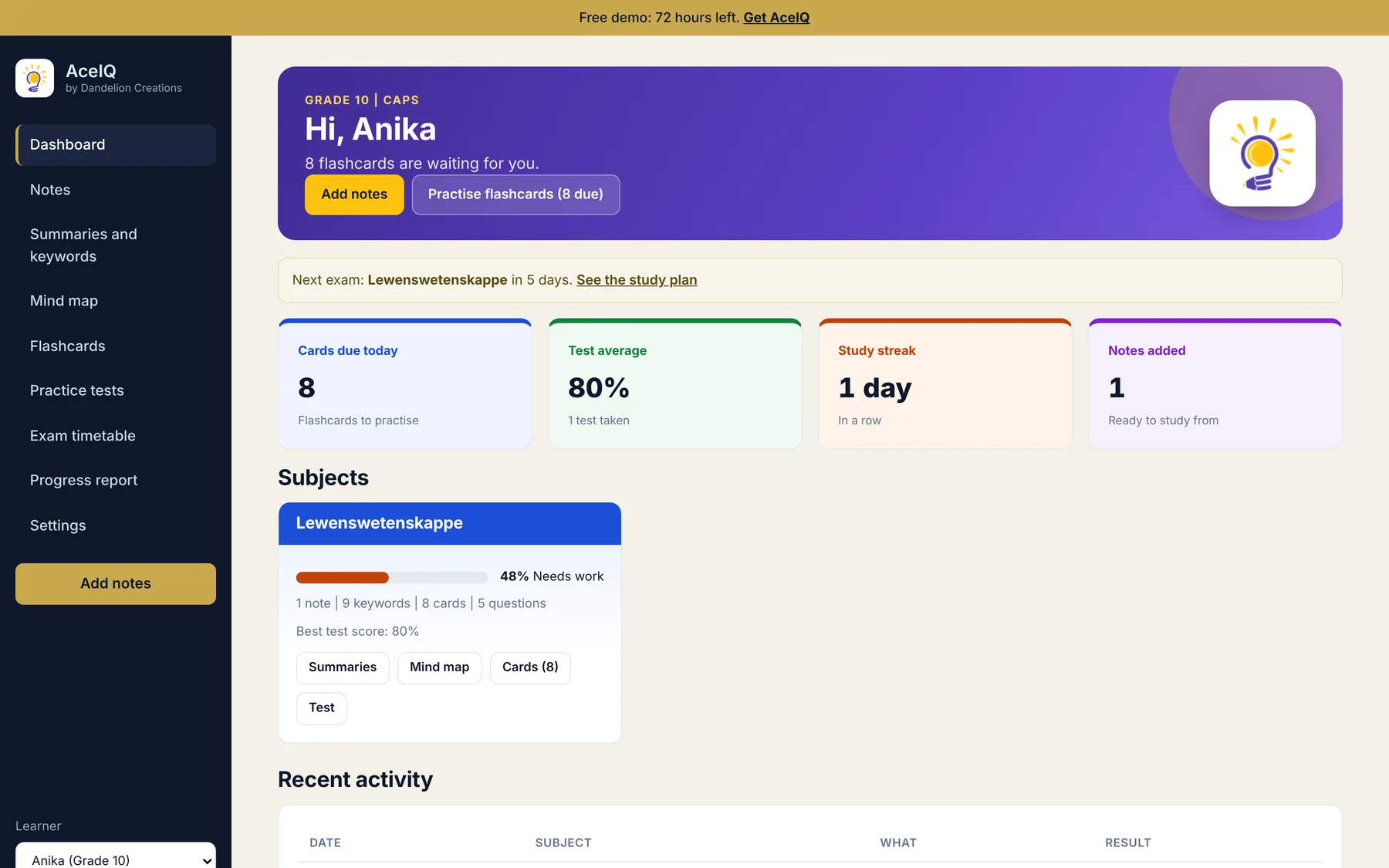 AceIQ learner dashboard with a colourful welcome, streak, next exam and subject cards