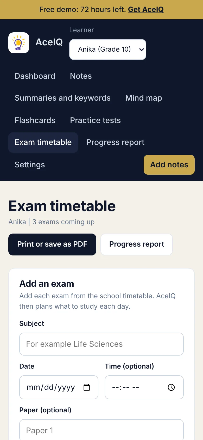 AceIQ exam timetable on a phone