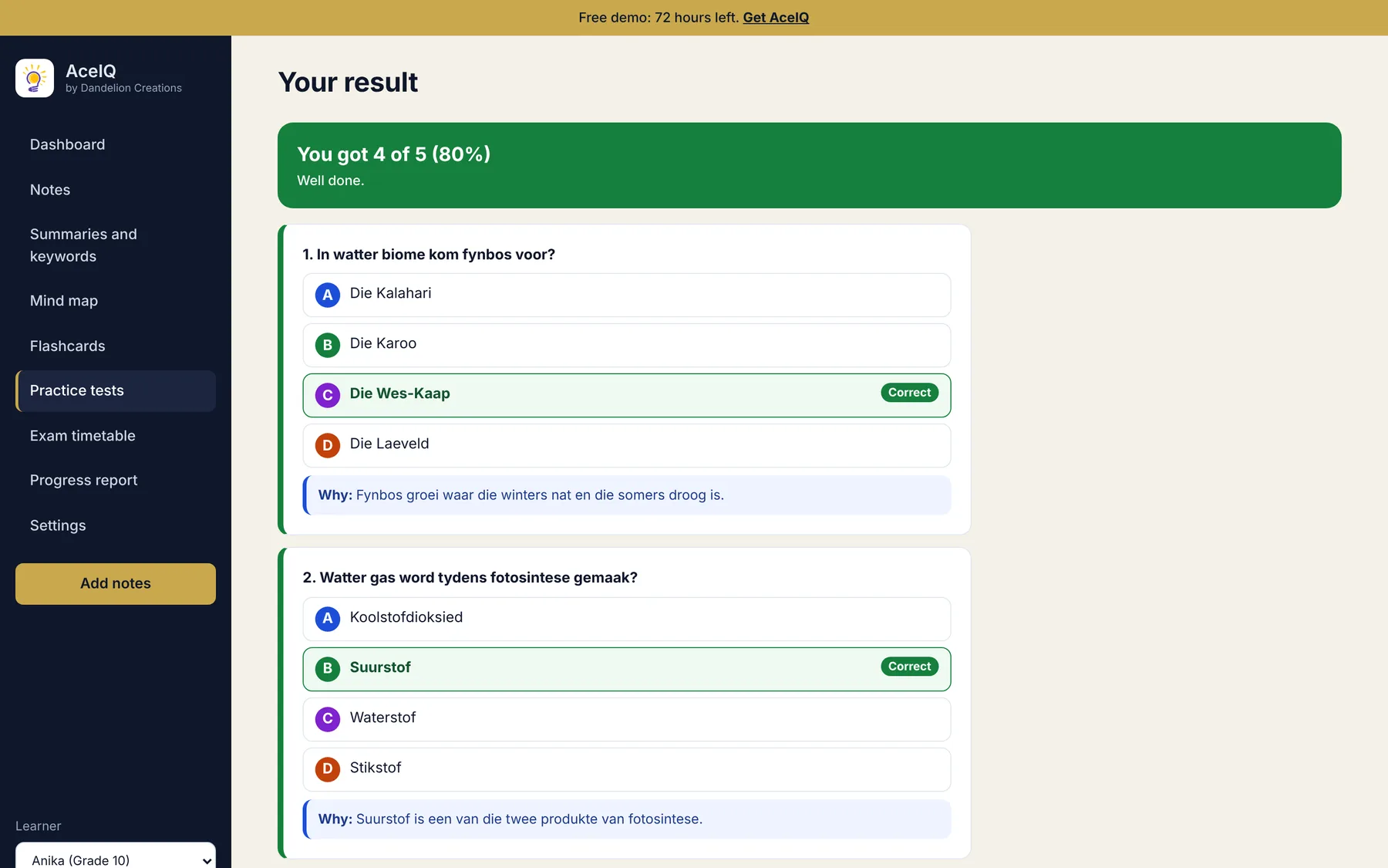 AceIQ test result showing 4 of 5 with the right answers and a short reason for each