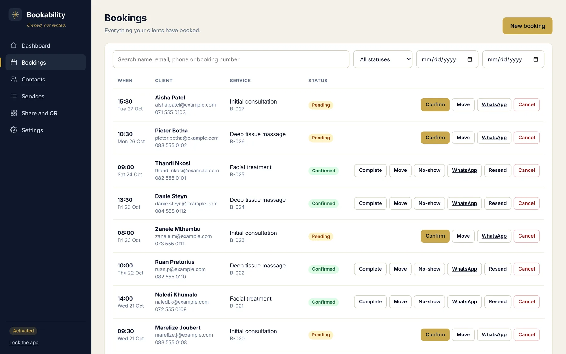 The bookings list with confirm, move, cancel and WhatsApp buttons