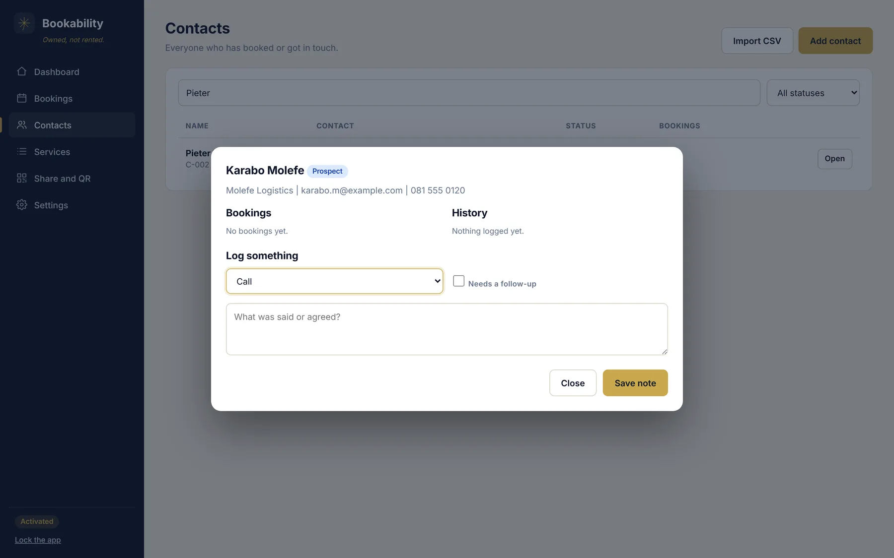 A client record with bookings, history and a follow-up note