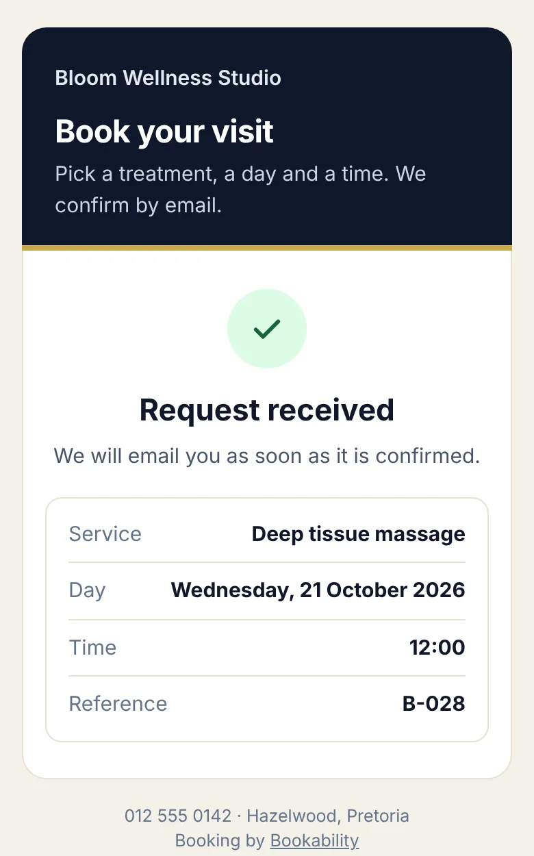 The booking confirmation screen with the service, day, time and reference
