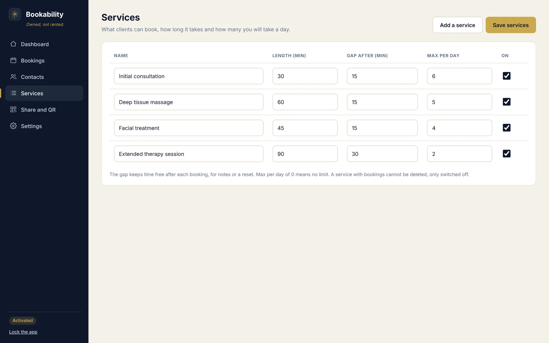 The services page with length, gap after and a daily limit for each service