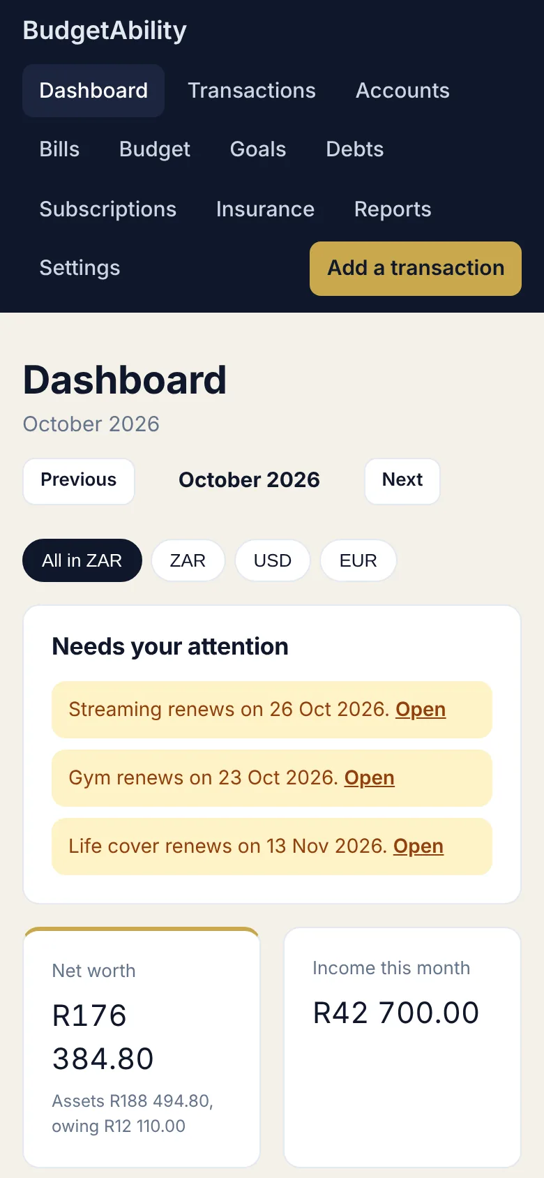 BudgetAbility dashboard on a phone