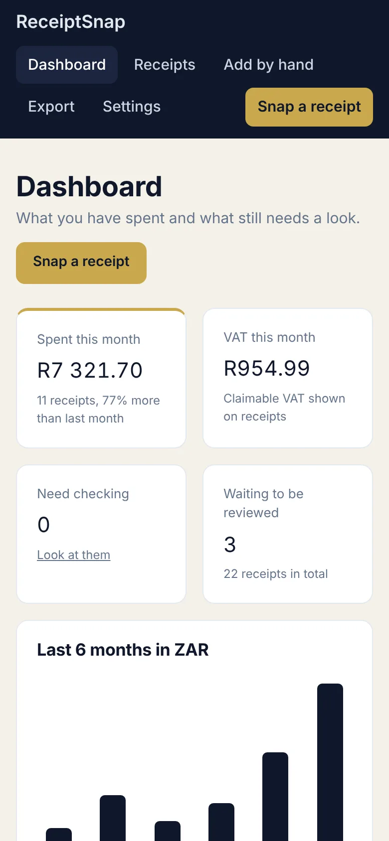 ReceiptSnap dashboard on a phone