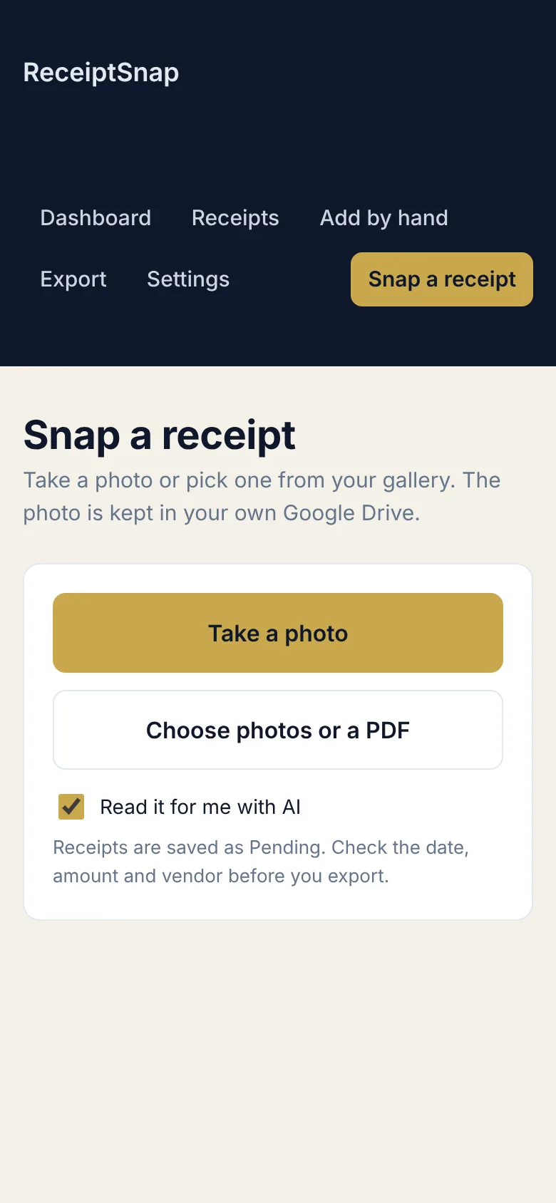 ReceiptSnap on a phone with the Take a photo button