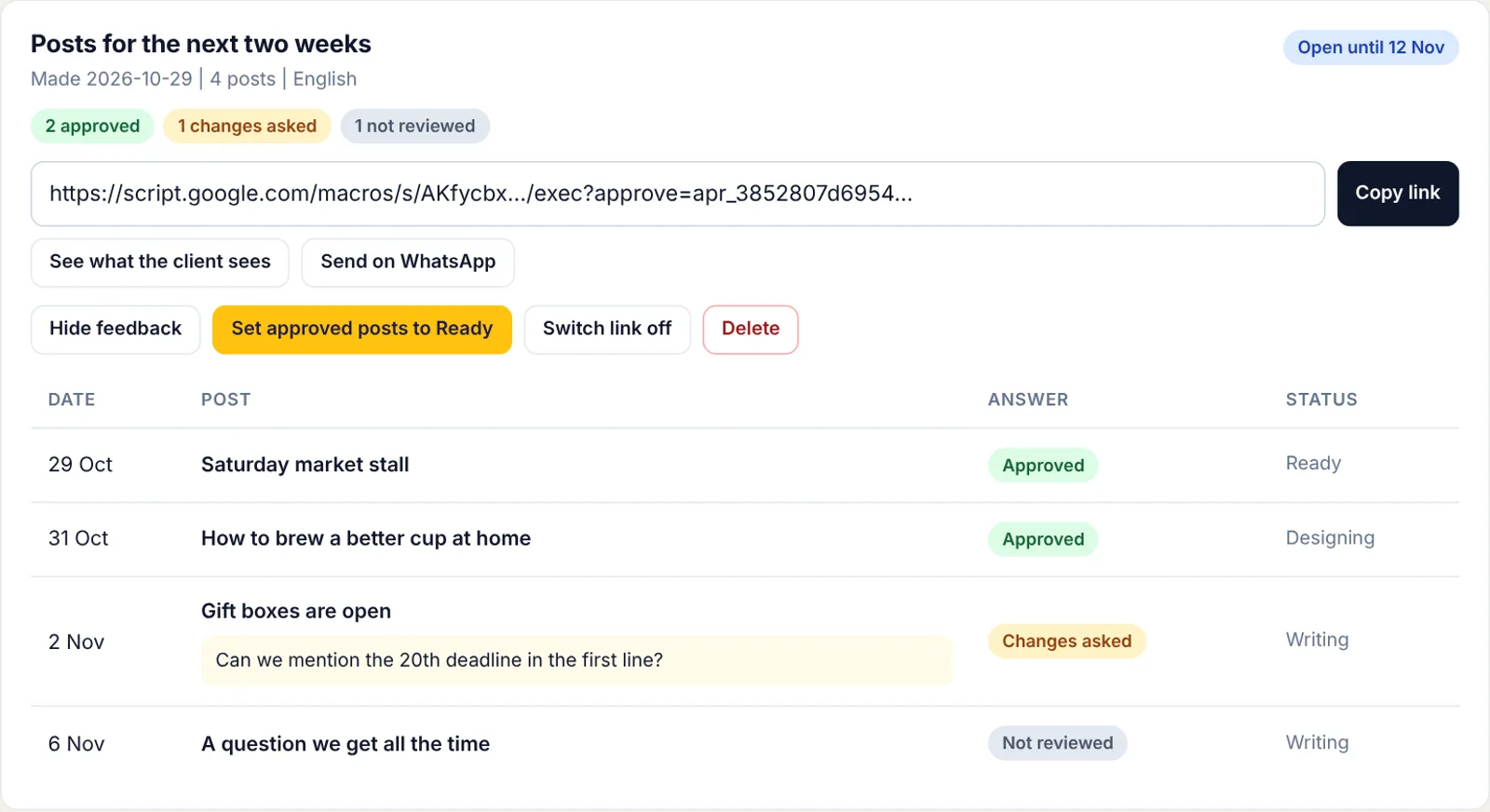 Visibility approvals page showing a client link with two posts approved, one with changes asked and one not reviewed