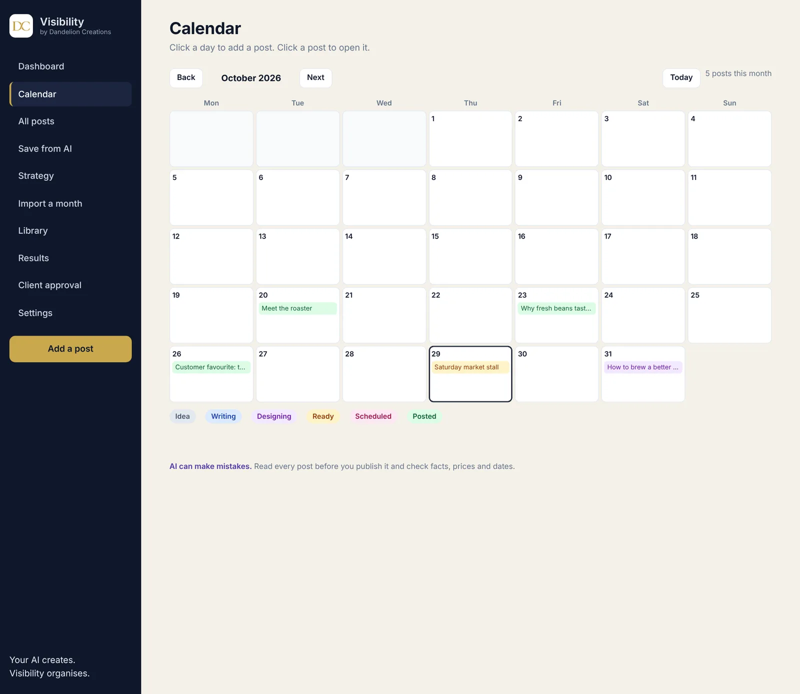 Visibility monthly calendar with posts coloured by status