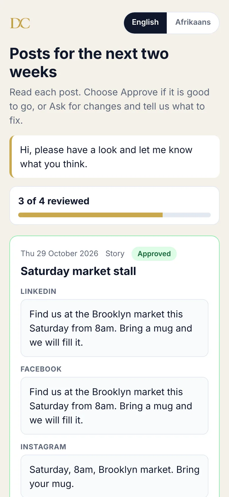 The client's approval page on a phone, with the post and Approve and Ask for changes buttons